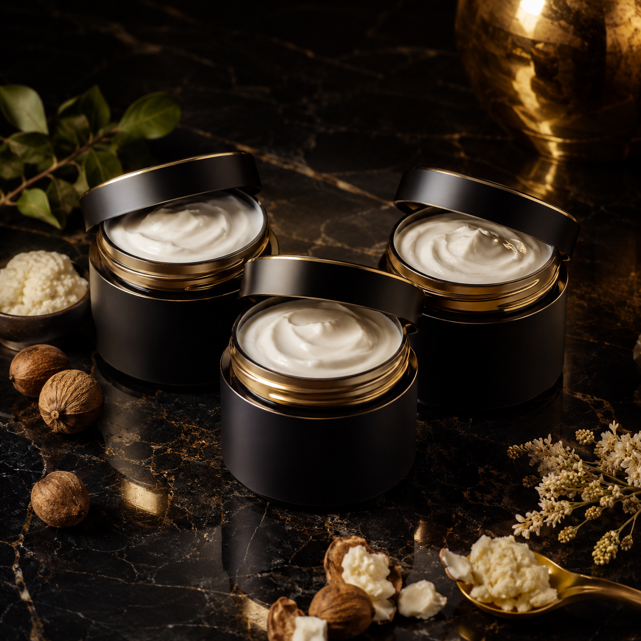 Luxury body butter jars in black and gold