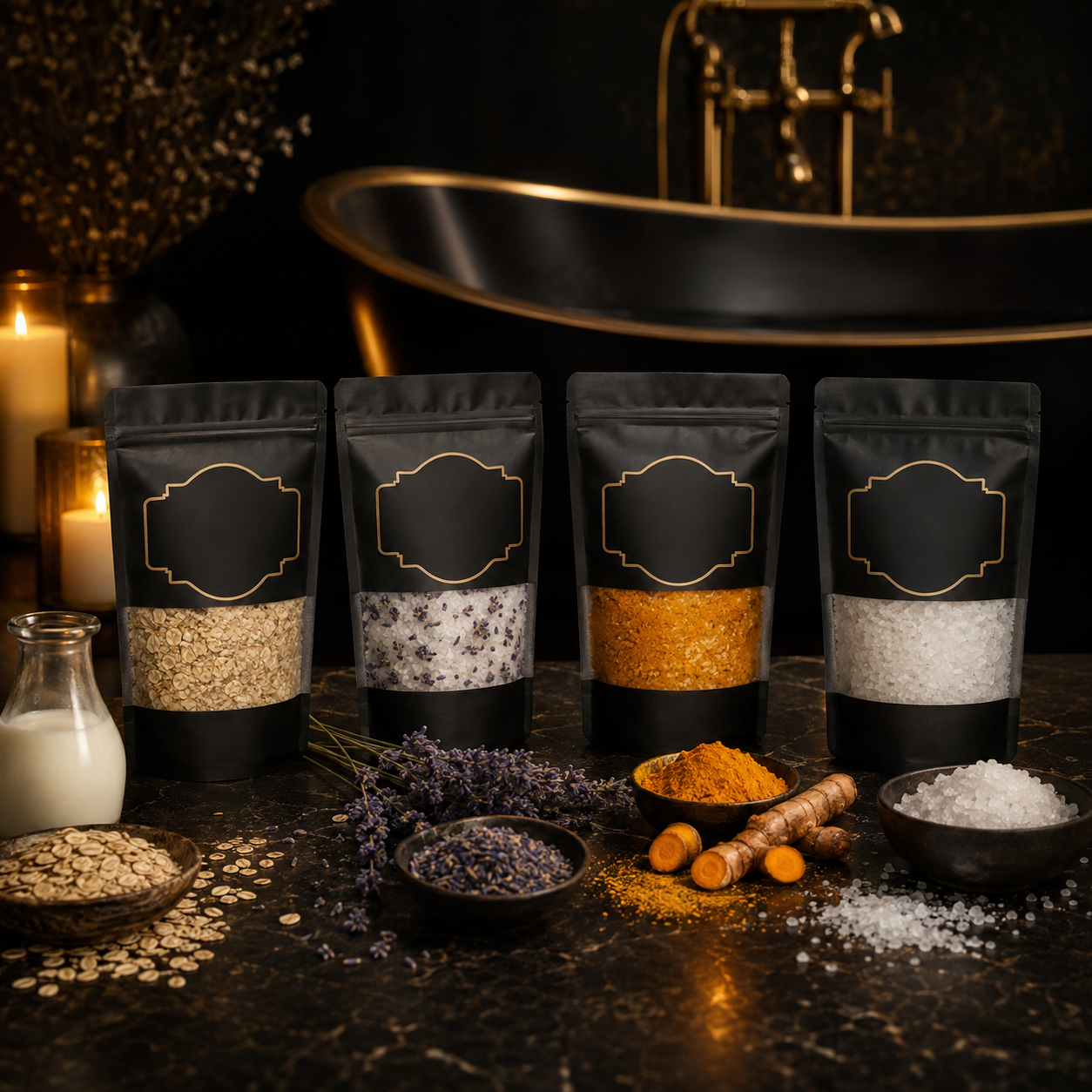 Four therapeutic bath soak pouches in a luxury spa setting
